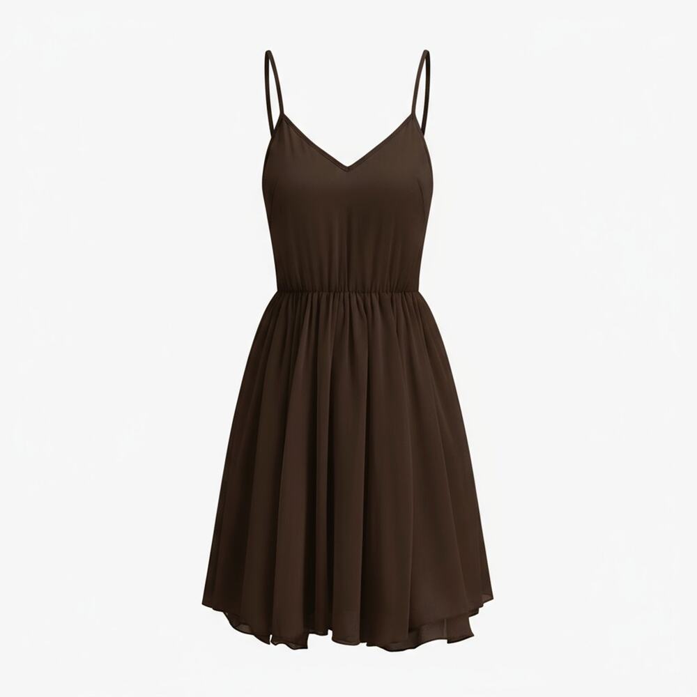 Commense Brown Semi-Sheer Chiffon Ruffle Mini Dress with Cape Overlay – Size M - Picture 2 of 6